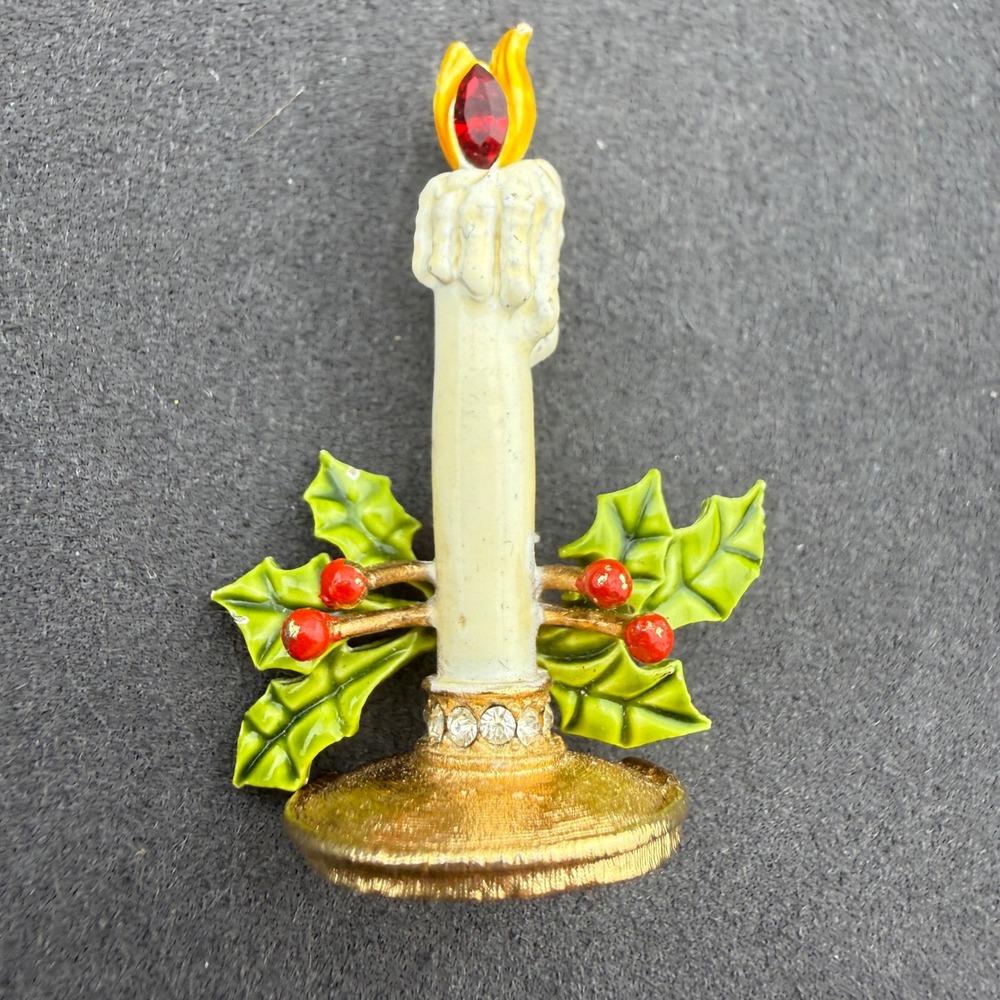 Coro Christmas Holly Candle Brooch Red Rhinestone Flame Vintage Gold Tone Pin